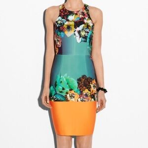 Milly Strapless Dress in Teal and Orange bold Floral pattern